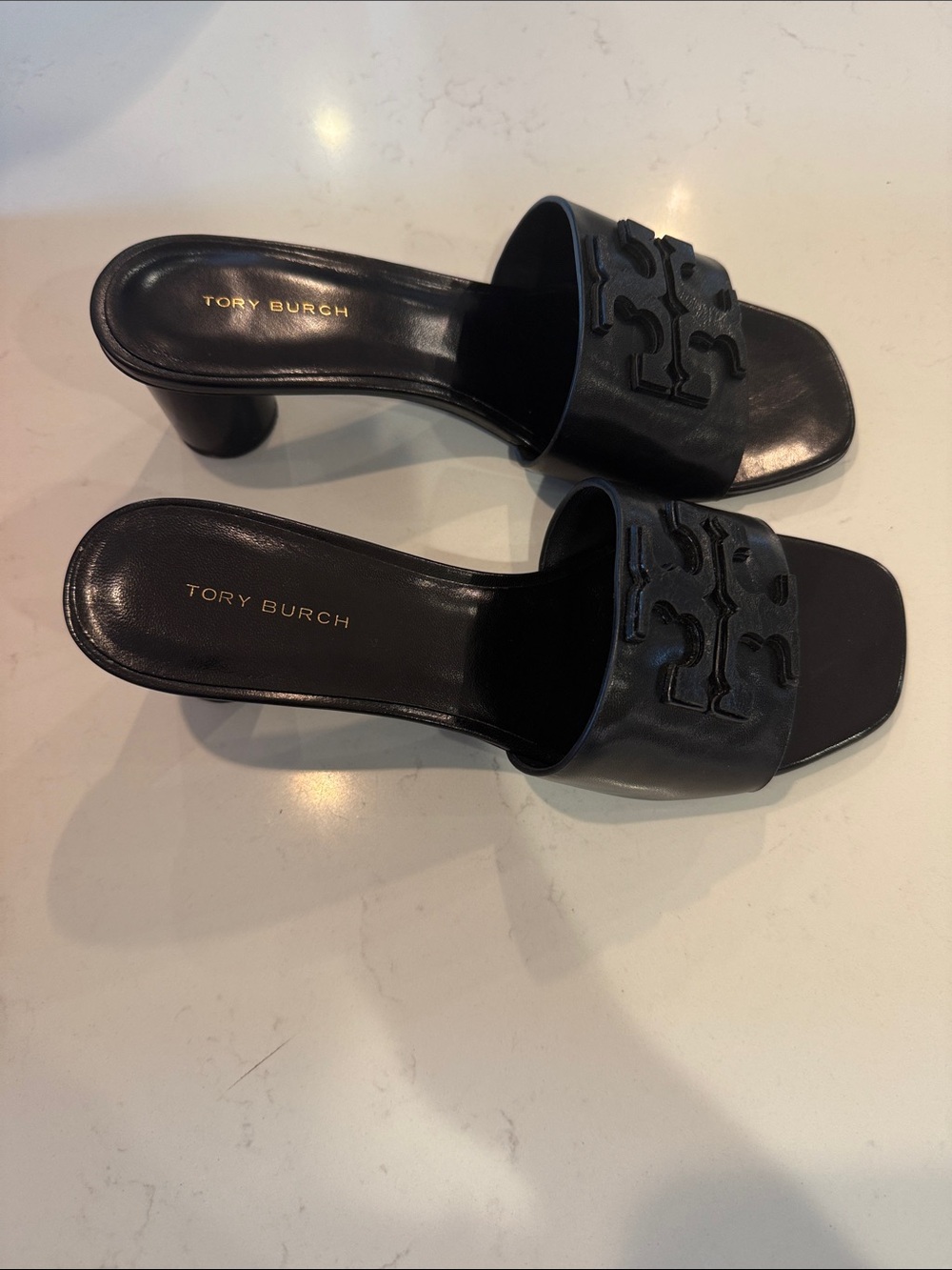 Tory Burch Ines Heeled Mule Black Leather Sandals Size 6 NIB